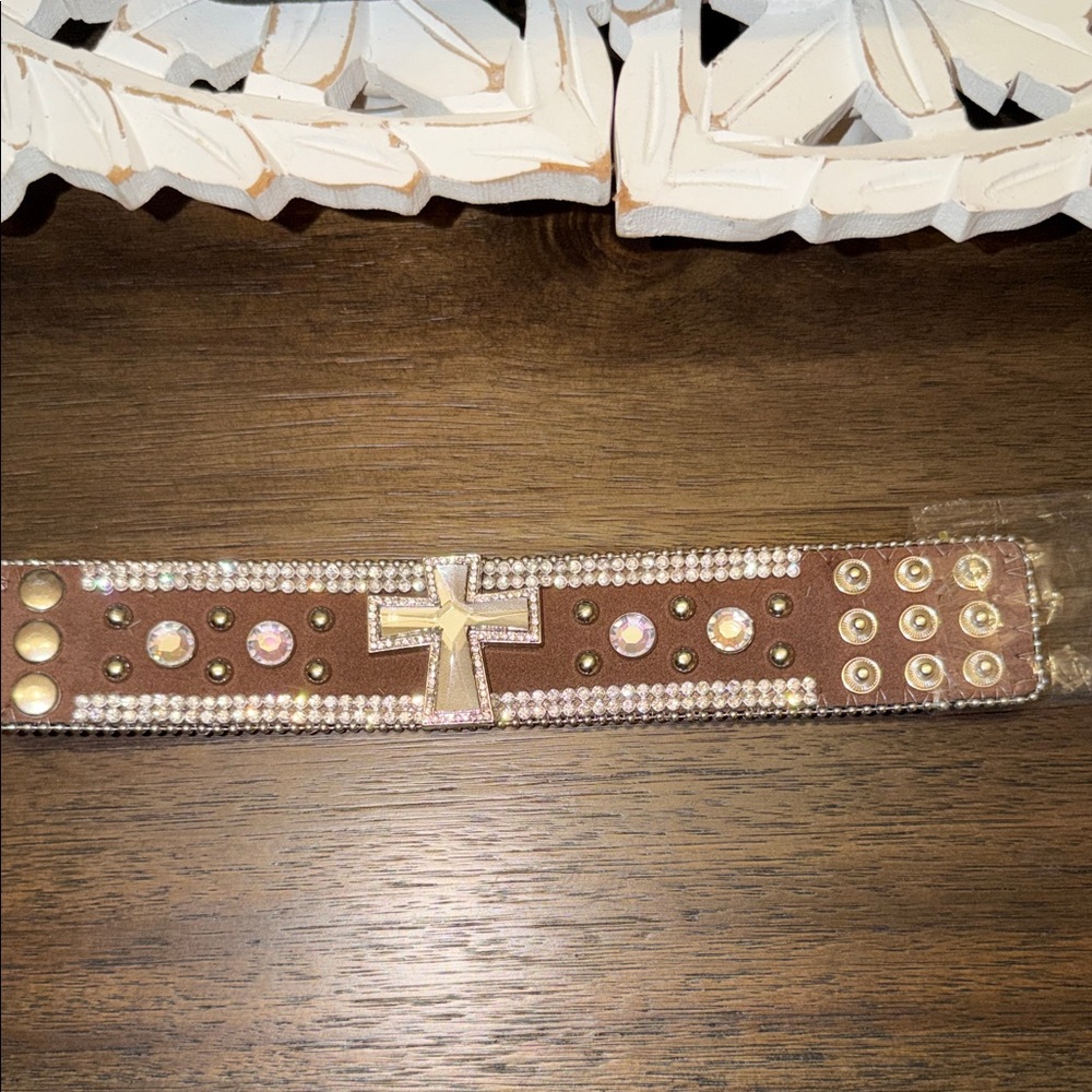 Rhinestone Cross Embellished Brown Leatherette bracelet